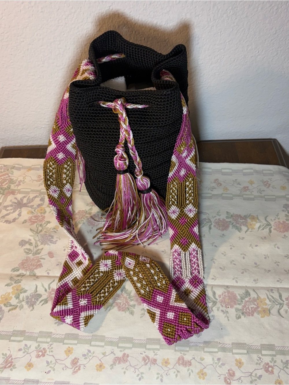 Wayuu Mochilla Brown Bucket Bag with Pink and Brown Accent Strap